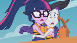Size: 852x479 | Tagged: safe, screencap, rarity, sci-twi, twilight sparkle, equestria girls, equestria girls series, g4, the salty sails, boat, clothes, duo, duo female, embrace, fear hug, female, glasses, hat, hug, lifejacket, scared, shrunken pupils, sun hat, swimsuit