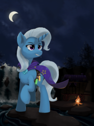 Size: 1536x2048 | Tagged: safe, artist:qzygugu, trixie, pony, g4, alchemist, bonfire, brooch, cape, clothes, crescent moon, female, fire, jewelry, mage, merchant, moon, night, raised hoof, scenery, solo, stars, trixie's brooch, trixie's cape, trixie's wagon