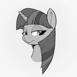 Size: 900x900 | Tagged: safe, artist:whiskeypanda, derpibooru exclusive, twilight sparkle, pony, g4, black and white, bust, disdain, disdain for plebs, female, grayscale, monochrome, simple background, solo