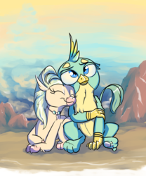 Size: 2000x2400 | Tagged: safe, artist:rocket-lawnchair, gallus, silverstream, classical hippogriff, griffon, hippogriff, g4, beach, female, high res, male, paw pads, quadrupedal, ship:gallstream, shipping, straight, sunset