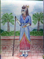 Size: 3060x4160 | Tagged: safe, artist:mildgyth, matilda, donkey, anthro, plantigrade anthro, ziragshabdarverse, g4, assyria, bow, clothes, cloud, date palm, dress, hair bow, jewelry, necklace, palm tree, plant, sandals, socks, solo, traditional art, tree, winged sun, younger