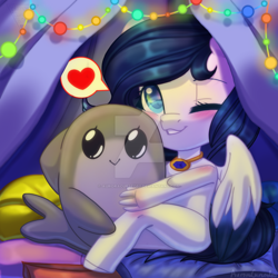 Size: 1280x1280 | Tagged: safe, artist:auroracursed, oc, oc only, dolphin, pegasus, anthro, unguligrade anthro, :>, blanket, blushing, colored pupils, cute, deviantart watermark, grin, heart, hug, jewelry, looking at you, necklace, night, obtrusive watermark, one eye closed, pictogram, plushie, smiling, solo, speech bubble, spoken heart, toy, watermark, wink