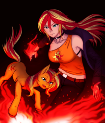 Size: 3000x3500 | Tagged: safe, artist:rittaruzira, sunset shimmer, human, pony, unicorn, g4, anime style, breasts, busty sunset shimmer, clothes, female, fiery shimmer, fire, high res, human ponidox, humanized, jacket, pants, self ponidox, solo