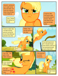 Size: 612x792 | Tagged: safe, artist:newbiespud, edit, edited screencap, screencap, applejack, earth pony, pony, comic:friendship is dragons, g4, comic, dialogue, female, freckles, jumping, looking up, mare, missing accessory, one eye closed, running, screencap comic, smiling, wink
