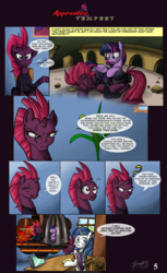 Size: 5364x8740 | Tagged: safe, artist:zsparkonequus, shining armor, tempest shadow, twilight sparkle, alicorn, pony, unicorn, comic:apprentice tempest, g4, broken horn, cage, clothes, comic, female, flashback, halp, horn, male, mare, office, open up your eyes, scrunchy face, sparking horn, speech bubble, stallion, thought bubble, twilight sparkle (alicorn)