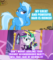 Size: 1920x2160 | Tagged: safe, edit, edited screencap, screencap, rarity, trixie, g4, it isn't the mane thing about you, road to friendship, alternate hairstyle, caption, image macro, meme, punk, raripunk, text