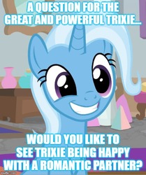 Size: 500x599 | Tagged: safe, edit, edited screencap, screencap, trixie, pony, unicorn, a horse shoe-in, g4, cropped, female, impact font, mare, smiling, text