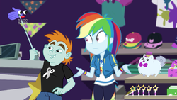 Size: 1280x720 | Tagged: safe, screencap, rainbow dash, snips, equestria girls, equestria girls series, g4, holidays unwrapped, spoiler:eqg series (season 2), cap, clothes, female, geode of super speed, hat, magical geodes, male, pants, plusplus, shirt, smiling, toy