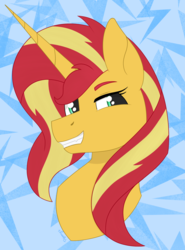 Size: 1423x1927 | Tagged: safe, artist:dyonys, derpibooru exclusive, sunset shimmer, pony, unicorn, g4, bust, female, grin, mare, smiling