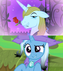 Size: 1280x1440 | Tagged: safe, edit, edited screencap, screencap, prince blueblood, trixie, pony, a horse shoe-in, g4, the best night ever, cute, diatrixes, female, flower in mouth, male, rose, rose in mouth, ship:bluetrix, shipping, shipping domino, singed, straight