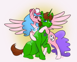 Size: 2675x2165 | Tagged: safe, artist:bella-pink-savage, oc, oc:bella pinksavage, oc:ryan, pony, annoyed look, birthday, brother and sister, cute, female, hat, high res, hippie, hug, jewelry, male, necklace, peace symbol, siblings