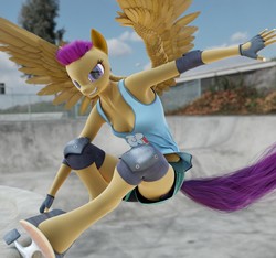 Size: 3840x3600 | Tagged: safe, artist:stellarator, scootaloo, pegasus, anthro, unguligrade anthro, g4, 3d, action pose, armpits, blender, blender cycles, bokeh, breasts, cleavage, clothes, cutie mark on clothes, cycling gloves, dutch angle, elbow pads, female, fingerless gloves, gloves, high res, knee pads, mare, not sfm, older, older scootaloo, rainbow dash's cutie mark, shorts, skate park, skateboard, skateboarding, skaterloo, solo, tank top, wings