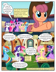 Size: 612x792 | Tagged: safe, artist:newbiespud, edit, edited screencap, screencap, fluttershy, pinkie pie, rainbow dash, rarity, twilight sparkle, wildwood flower, earth pony, pegasus, pony, unicorn, comic:friendship is dragons, g4, the last roundup, background pony, bed, comic, cowboy hat, dialogue, female, hat, lamp, mare, o mouth, open mouth, pointing, potty emergency, potty time, raised hoof, sad, screencap comic, sitting, smiling, train, unicorn twilight, wildwood flower's hat, worried