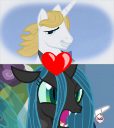 Size: 400x449 | Tagged: safe, edit, edited screencap, screencap, prince blueblood, queen chrysalis, changeling, changeling queen, pony, unicorn, a canterlot wedding, g4, the ticket master, bluesalis, crack shipping, duo, female, male, shipping, shipping domino, straight