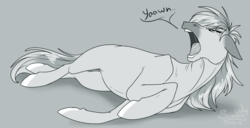 Size: 1500x765 | Tagged: safe, artist:sunny way, oc, oc only, earth pony, pony, rcf community, black and white, female, grayscale, mare, monochrome, on side, open mouth, patreon, patreon reward, solo, yawn