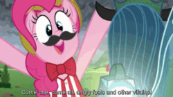 Size: 720x404 | Tagged: safe, screencap, pinkie pie, queen chrysalis, g4, the ending of the end, leak, animated, bowtie, facial hair, female, gif, moustache, pinkie being pinkie, pinkie physics, ultimate chrysalis