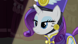 Size: 576x324 | Tagged: safe, screencap, rarity, pony, unicorn, g4, testing testing 1-2-3, ancient wonderbolts uniform, clothes, female, flat stare, frown, hat, lidded eyes, mare, rarity is not amused, reaction image, sgt. rarity, solo, still, unamused, uniform