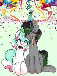 Size: 768x1024 | Tagged: safe, artist:cottonsweets, oc, oc only, oc:cotton sweets, oc:cottonsweets, oc:spectrum heat, pony, birthday, birthday pic, cute, female, male, mare, shipping, stallion