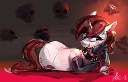 Size: 2259x1446 | Tagged: safe, artist:alumx, oc, oc only, oc:lilith, pony, succubus, unicorn, clothes, collar, ear piercing, earring, female, jewelry, latex, latex socks, looking at you, mare, misleading thumbnail, not blackjack, on side, piercing, skull, socks, solo, wallpaper