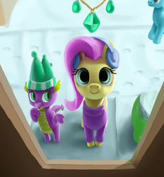 Size: 2172x2345 | Tagged: safe, artist:odooee, fluttershy, spike, dragon, pegasus, pony, g4, my little pony best gift ever, background pony, clothes, duo, earmuffs, female, front view, full face view, hat, high res, jewelry, looking at something, looking at you, looking up, mare, necklace, outdoors, shopping, smiling, snow, standing, sweater, window, winter outfit