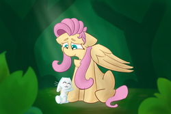 Size: 6000x4000 | Tagged: safe, artist:antimationyt, fluttershy, pegasus, pony, rabbit, g4, animal, chest fluff, duo, female, floppy ears, forest, looking at something, looking down, mare, outdoors, sitting, smiling, three quarter view, wings