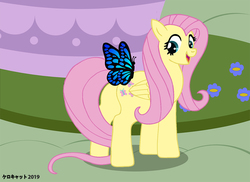 Size: 900x656 | Tagged: safe, artist:kerocat, fluttershy, butterfly, pegasus, pony, g4, cute, female, flower, flutterbutt, happy, looking back, mare, shyabetes, solo