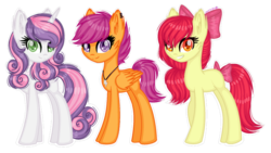 Size: 1280x721 | Tagged: safe, artist:fantarianna, apple bloom, scootaloo, sweetie belle, earth pony, pegasus, pony, unicorn, g4, bow, cutie mark crusaders, female, hair bow, mare, missing cutie mark, older, older apple bloom, older scootaloo, older sweetie belle, simple background, transparent background, trio, white outline