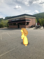Size: 3024x4032 | Tagged: safe, gameloft, photographer:undeadponysoldier, applejack, earth pony, pony, g4, augmented reality, building, female, irl, jimmy john's, mare, photo, ponies in real life, restaurant, solo