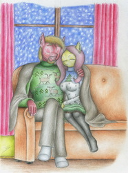 Size: 2374x3199 | Tagged: safe, artist:sinaherib, big macintosh, fluttershy, earth pony, anthro, g4, clothes, couch, cuddling, female, high res, male, ship:fluttermac, shipping, snow, straight, sweater, traditional art