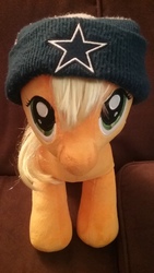 Size: 2560x1440 | Tagged: safe, applejack, earth pony, pony, g4, beanie, dallas cowboys, hat, irl, photo, plushie, ponies in real life, solo