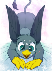 Size: 2500x3430 | Tagged: safe, alternate version, artist:tsitra360, gabby, griffon, g4, behaving like a cat, cute, eyes on the prize, female, gabbybetes, gradient background, griffons doing cat things, high res, laser pointer, open mouth, smiling, solo