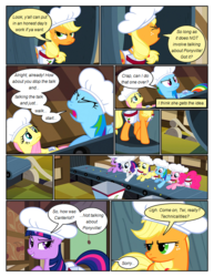 Size: 612x792 | Tagged: safe, artist:newbiespud, edit, edited screencap, screencap, applejack, fluttershy, pinkie pie, rainbow dash, rarity, twilight sparkle, earth pony, pegasus, pony, unicorn, comic:friendship is dragons, g4, the last roundup, angry, annoyed, bin, chef's hat, cherry, clothes, comic, conveyor belt, dialogue, eyes closed, female, food, freckles, frown, grin, hamster wheel, hat, hoof hold, looking back, mane six, mare, saddle bag, screencap comic, smiling, unamused, unicorn twilight, worried