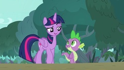 Size: 1920x1080 | Tagged: safe, screencap, spike, twilight sparkle, alicorn, dragon, pony, g4, she talks to angel, baby, baby dragon, claws, duo, female, folded wings, lidded eyes, looking at each other, mare, raised eyebrow, slit pupils, smuglight sparkle, talking, twilight sparkle (alicorn), walking, winged spike, wings