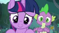 Size: 1920x1080 | Tagged: safe, screencap, spike, twilight sparkle, alicorn, dragon, pony, g4, she talks to angel, close-up, cropped, crouching, cute, duo, looking at you, smiling, spikabetes, twiabetes, twilight sparkle (alicorn), winged spike, wings