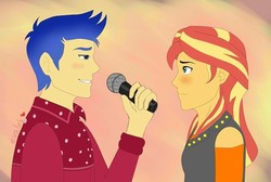 Size: 640x431 | Tagged: safe, artist:evalek, flash sentry, sunset shimmer, cheer you on, equestria girls, equestria girls series, g4, spoiler:eqg series (season 2), female, male, microphone, ship:flashimmer, shipping, straight