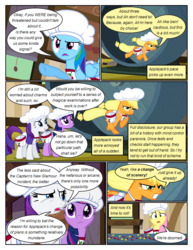 Size: 612x792 | Tagged: safe, artist:newbiespud, edit, edited screencap, screencap, applejack, fluttershy, rainbow dash, rarity, twilight sparkle, earth pony, pegasus, pony, unicorn, comic:friendship is dragons, g4, the last roundup, angry, chef's hat, clothes, comic, conveyor belt, dialogue, female, frown, gritted teeth, hamster wheel, hat, mare, running, saddle bag, screencap comic, suspicious, unicorn twilight