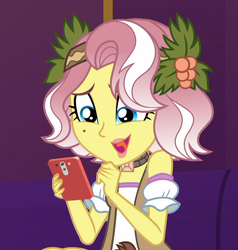 Size: 1028x1080 | Tagged: safe, screencap, vignette valencia, equestria girls, equestria girls series, g4, inclement leather, spoiler:choose your own ending (season 2), spoiler:eqg series (season 2), bare shoulders, beauty mark, cellphone, cropped, cute, female, flower, flower in hair, holly, inclement leather: vignette valencia, open mouth, phone, smartphone, smiling, solo, tongue out, valenciadorable