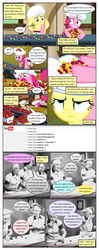 Size: 612x1552 | Tagged: safe, artist:newbiespud, edit, edited screencap, screencap, fluttershy, pinkie pie, earth pony, human, pegasus, pony, comic:friendship is dragons, g4, the last roundup, annoyed, chef's hat, cherry, chocolate, clothes, comic, conveyor belt, crossover, dialogue, eating, female, food, hat, hoof hold, i love lucy, mare, panic, panicking, saddle bag, screencap comic, unamused, worried, youtube