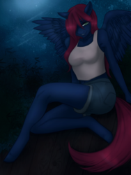Size: 1668x2224 | Tagged: safe, artist:sadcranberry, oc, oc only, oc:night coder, pegasus, anthro, unguligrade anthro, anthro oc, armpits, belly button, breasts, clothes, female, hair over one eye, looking at you, midriff, shorts, smiling, solo, stars, tank top, wings, ych result