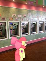 Size: 3024x4032 | Tagged: safe, gameloft, photographer:undeadponysoldier, apple bloom, earth pony, pony, g4, apple bloom's bow, augmented reality, bow, female, filly, food, frozen yogurt, frozen yogurt machine, frozen yogurt shop, hair bow, irl, photo, ponies in real life, solo, sweet frog