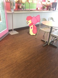 Size: 3024x4032 | Tagged: safe, gameloft, photographer:undeadponysoldier, apple bloom, earth pony, pony, g4, augmented reality, chair, female, filly, frozen yogurt shop, irl, photo, ponies in real life, solo, sweet frog, table