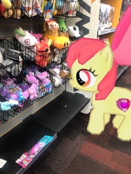 Size: 3024x4032 | Tagged: safe, gameloft, photographer:undeadponysoldier, apple bloom, earth pony, pony, g4, augmented reality, creeper, crossover, female, filly, five nights at freddy's, foxy, foxy the pirate fox, gamestop, irl, merchandise, minecraft, photo, plushie, ponies in real life