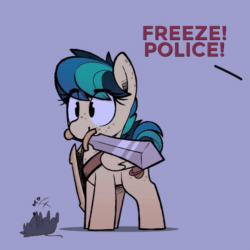 Size: 1200x1200 | Tagged: safe, artist:shinodage, edit, editor:twitchyylive, oc, oc only, oc:apogee, oc:houston, mouse, pegasus, pony, animated, body freckles, cute, dead, diageetes, dialogue, eye clipping through hair, female, filly, freckles, implied police officer, mouth hold, ocbetes, police, shield, sword, this will end in jail time, weapon