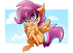 Size: 3779x2757 | Tagged: safe, artist:nekosnicker, scootaloo, pegasus, pony, g4, chest fluff, cloud, cute, cutealoo, eye clipping through hair, female, heart, high res, hoof heart, sky, smiling, solo, spread wings, wings