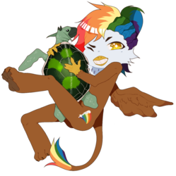 Size: 892x896 | Tagged: safe, artist:carmlem, oc, oc only, oc:mochrie the mock turtle, oc:rainbow feather, hippogriff, anthro, digitigrade anthro, interspecies offspring, magical lesbian spawn, mock turtle, offspring, parent:gilda, parent:rainbow dash, parents:gildash, rainbow hair, simple background, transparent background
