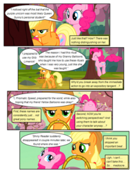 Size: 612x792 | Tagged: safe, artist:newbiespud, edit, edited screencap, screencap, applejack, pinkie pie, earth pony, pony, comic:friendship is dragons, g4, the last roundup, annoyed, basket, cherry, comic, dialogue, eyes closed, female, food, freckles, frown, hat, mare, pronking, screencap comic, smiling, tree