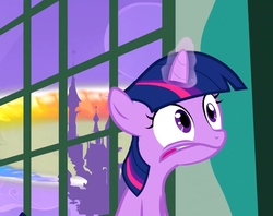 Size: 1366x1080 | Tagged: safe, screencap, twilight sparkle, pony, unicorn, g4, the cutie mark chronicles, blank flank, castle, cropped, faic, female, filly, filly twilight sparkle, foal, glowing horn, horn, magic, sonic rainboom, unicorn twilight, window, younger