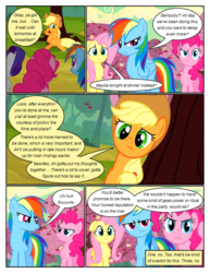 Size: 612x792 | Tagged: safe, artist:newbiespud, edit, edited screencap, screencap, applejack, fluttershy, pinkie pie, rainbow dash, rarity, earth pony, pegasus, pony, unicorn, comic:friendship is dragons, g4, the last roundup, angry, annoyed, cherry, comic, dialogue, female, food, freckles, frown, hat, mare, nervous, sad, screencap comic, suspicious, tree