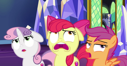 Size: 1671x877 | Tagged: safe, screencap, apple bloom, scootaloo, sweetie belle, earth pony, pegasus, pony, unicorn, g4, growing up is hard to do, best face, cutie mark crusaders, floppy ears, frown, mawshot, open mouth, teeth, twilight's castle, uvula