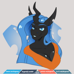 Size: 1080x1080 | Tagged: safe, artist:krystune, oc, oc only, oc:nepenthe, changeling, changeling queen, anthro, anthro oc, blue changeling, bust, changeling queen oc, female